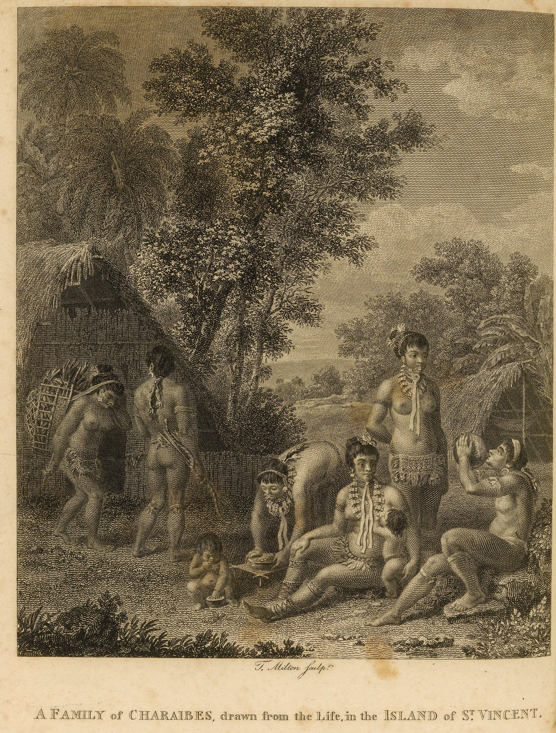 A Family of Charaibes, drawn from the Life, in the Island of St. Vincent Engraving by Agostino Brunias on page following 394. Published by JOhn Stockdale of London