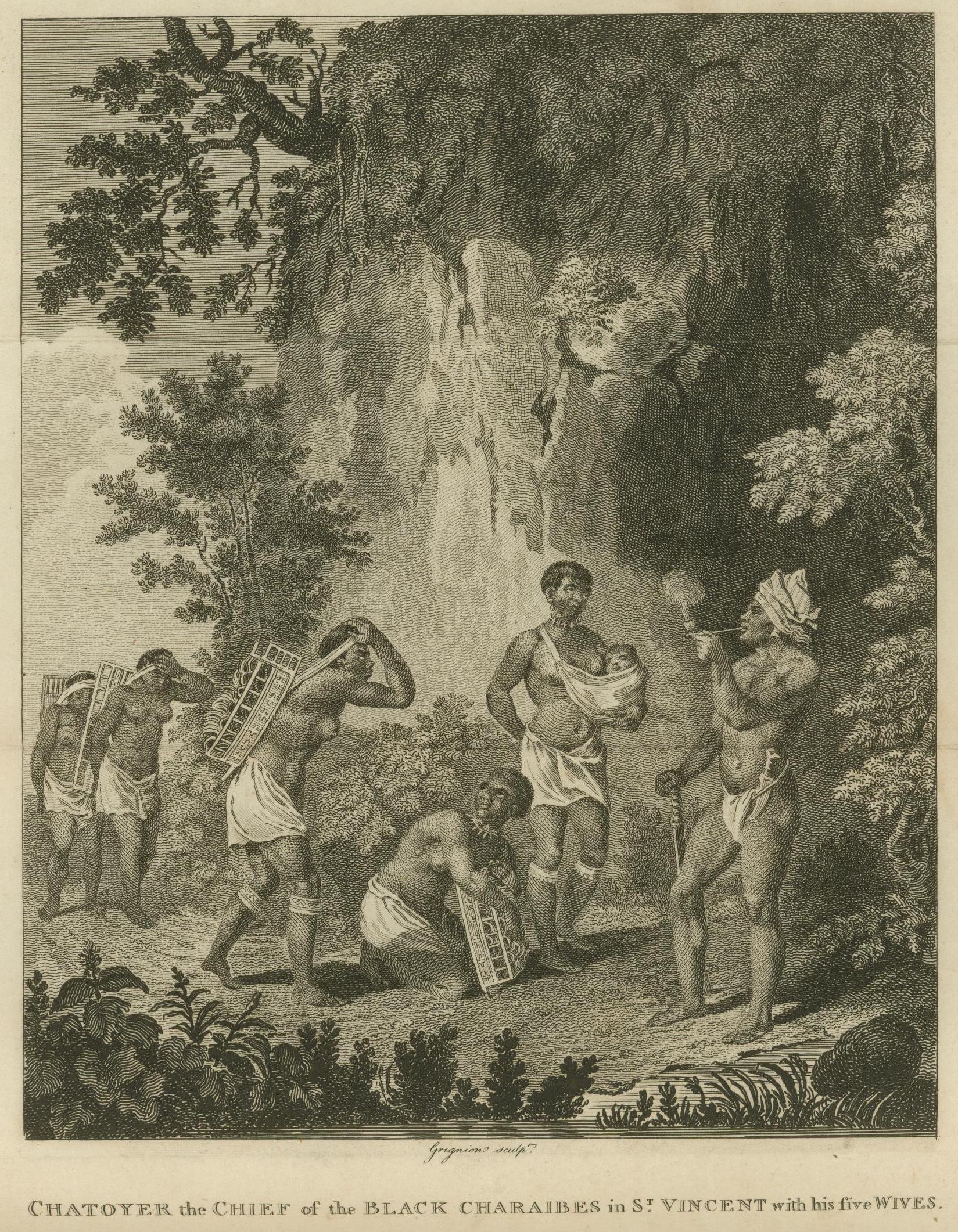 chatoyerthechief_ecdaimage_jcb "Chatoyer the Chief of the Black Charaibes in St. Vincent with his five Wives." Engraved by Agostino Brunias. Sourced from Bryan Edwards' The history, civil and commercial, of the British colonies in the West Indies 1801. Image courtesy of the John Carter Brown library